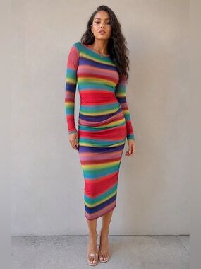 Target Pride Rainbow Stripe Long Sleeve Bodycon Midi Dress w/slip
